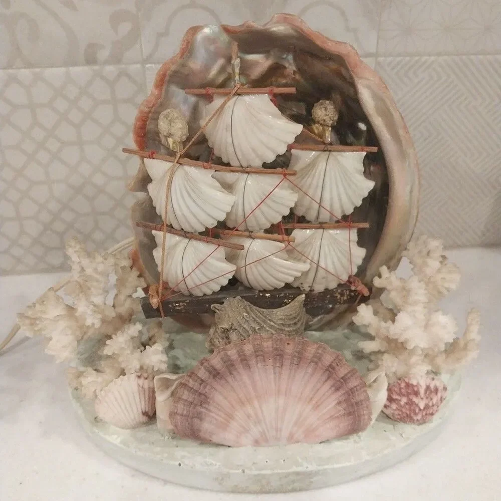 Vintage Abalone Shell Sailboat Lamp Handmade Nautical Coastal Coral Light Decor
